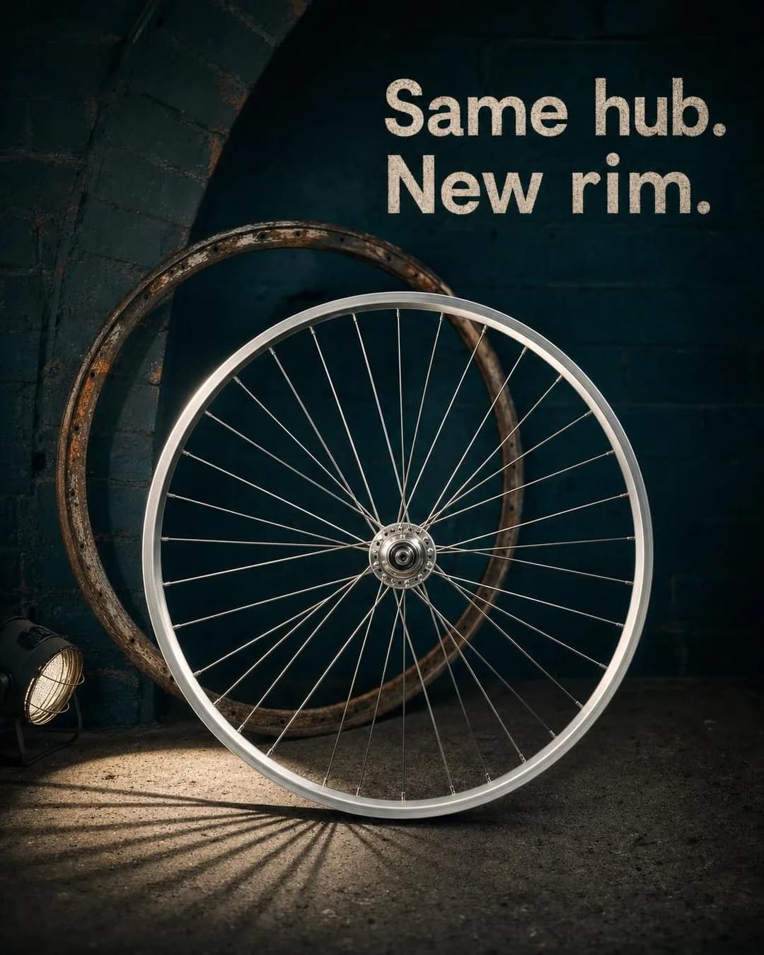 A freshly laced silver bicycle wheel stands upright on a concrete workshop floor in front of a dark brick arch. Leaning against the wall directly behind it is a bare, rusted bicycle rim. A small work lamp on the floor casts light and spoke shadows across the ground. In the upper right corner, bold text reads: 'Same hub. New rim.'