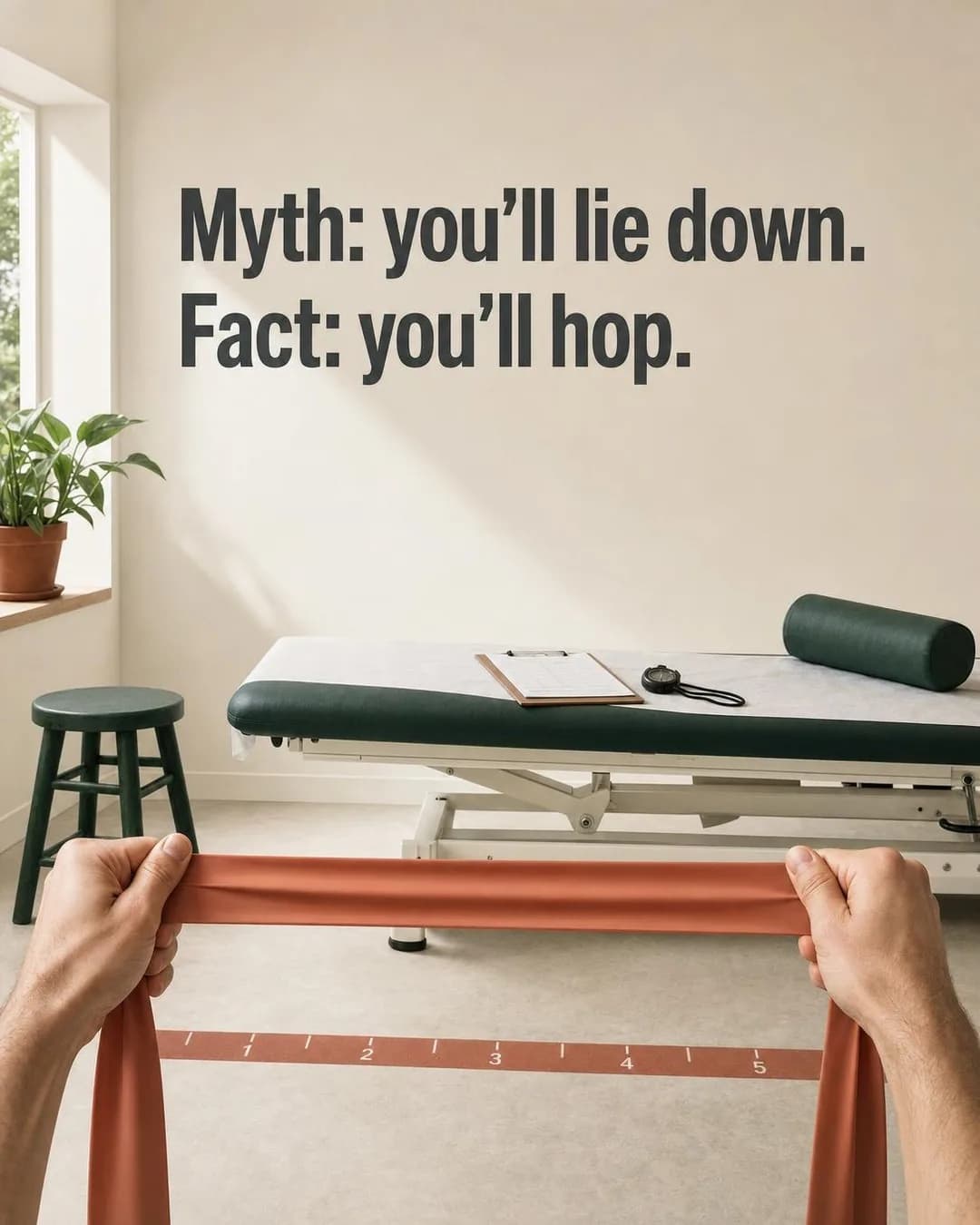 First-person view holding a terracotta resistance band taut across the frame. In the clean clinic room behind it, there is a green treatment table with a clipboard and stopwatch, a wooden stool, and numbered hop markers along the floor. Bold text on the wall reads: 'Myth: you’ll lie down. Fact: you’ll hop.'