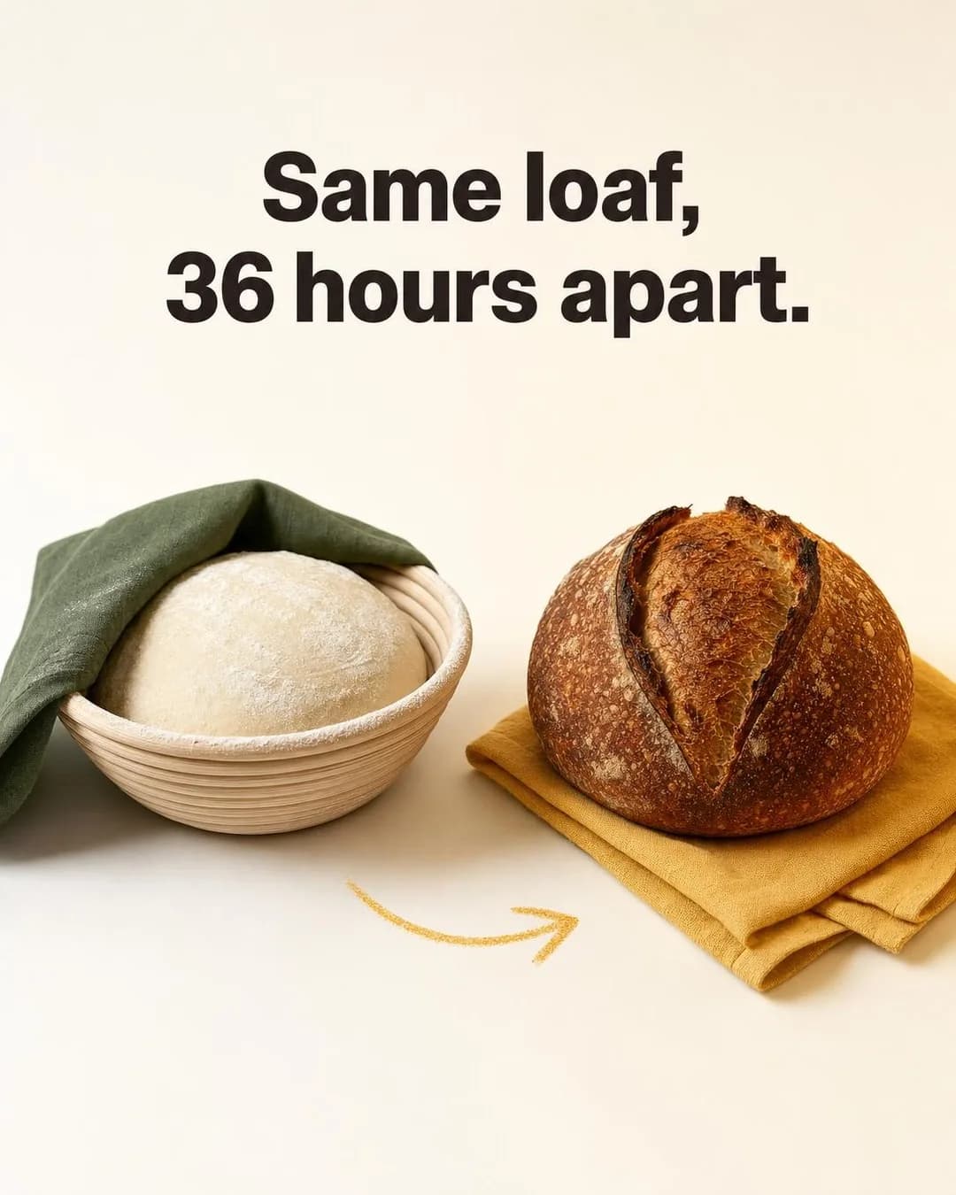 A graphic against a cream background with bold text at the top reading 'Same loaf, 36 hours apart.' On the left, pale unbaked dough rests inside a spiral cane banneton basket, partially draped with a dark green cloth. A hand-drawn yellow arrow curves from the basket toward the right, where the finished baked sourdough boule sits on a folded mustard cloth, showing a deeply browned, blistered crust and a single scored ear.