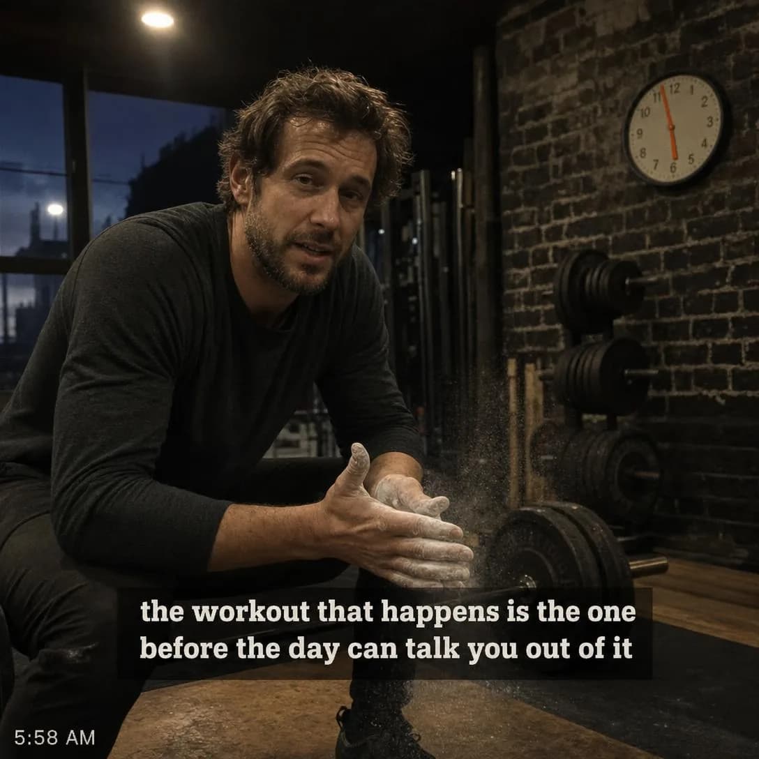 A freeze-frame from a raw, unpolished UGC testimonial video, square 1:1, shot handheld on a phone at 5:58 in the morning inside a converted garage-brick strength studio.
